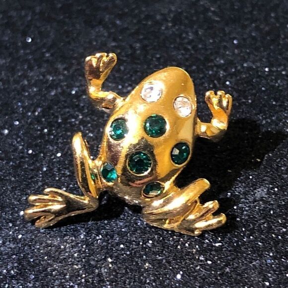 AVON GOLD TONE FROG LAPEL PIN TIE TACK BROOCH‎ EMERALD GREEN RHINESTONE EYES - Picture 1 of 2